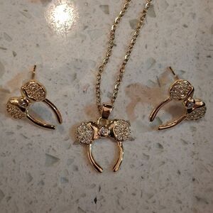 18k Gold Plated Diamond Mickey Necklace & Earring Set